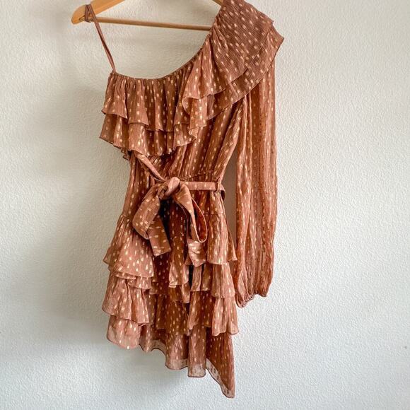 Rococo Sand Aine One Shoulder Mini Chiffon Ruffle Dress Tan Gold Small - Picture 4 of 14